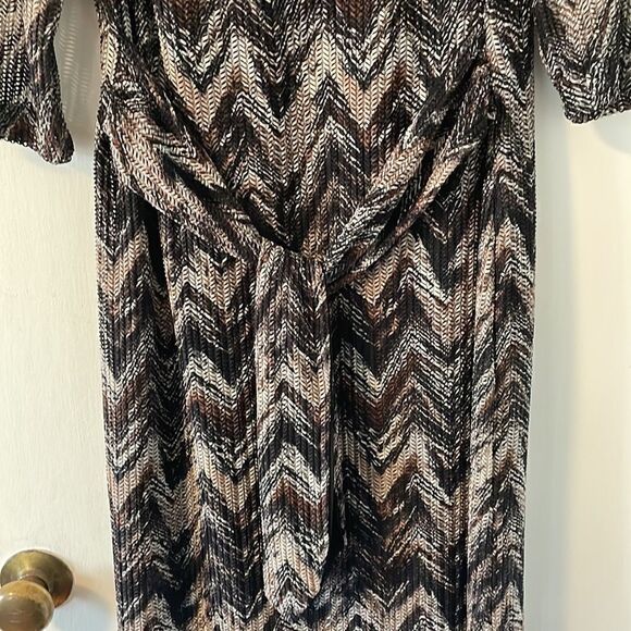 studio one new york lined earth tone chevron 3/4 sleeve dress & attached sash 12 - Picture 4 of 13